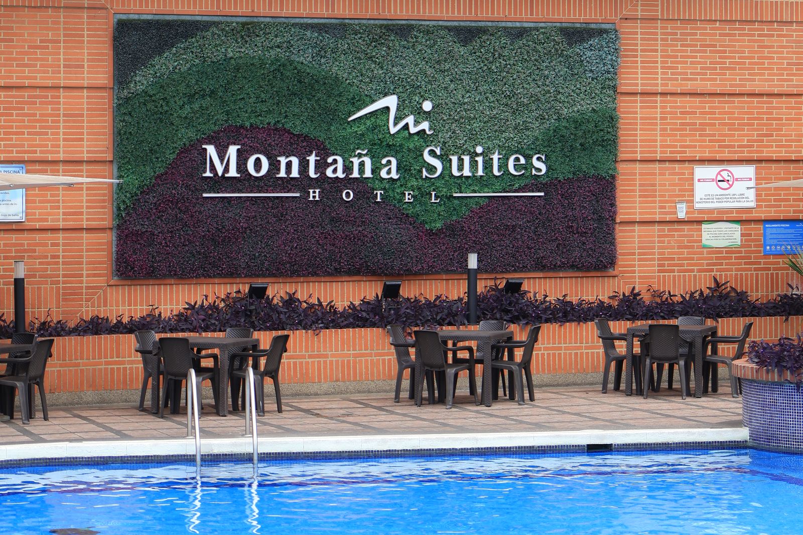 Piscina frente al muro verde con el logo de Montaña Suites
